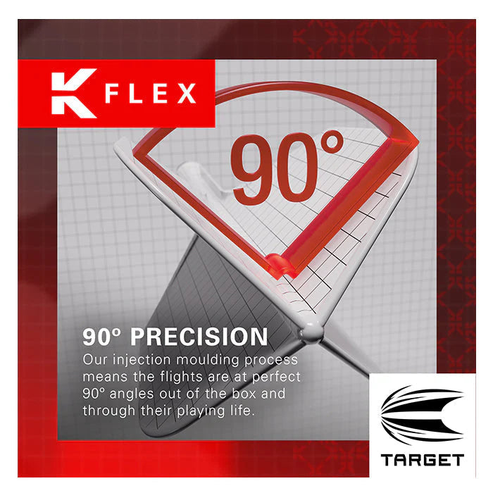 Angled close-up of dart K-Flex integrated flight shaft at exact 90-degree angle, showing injection-molded precision for accurate dart setup
