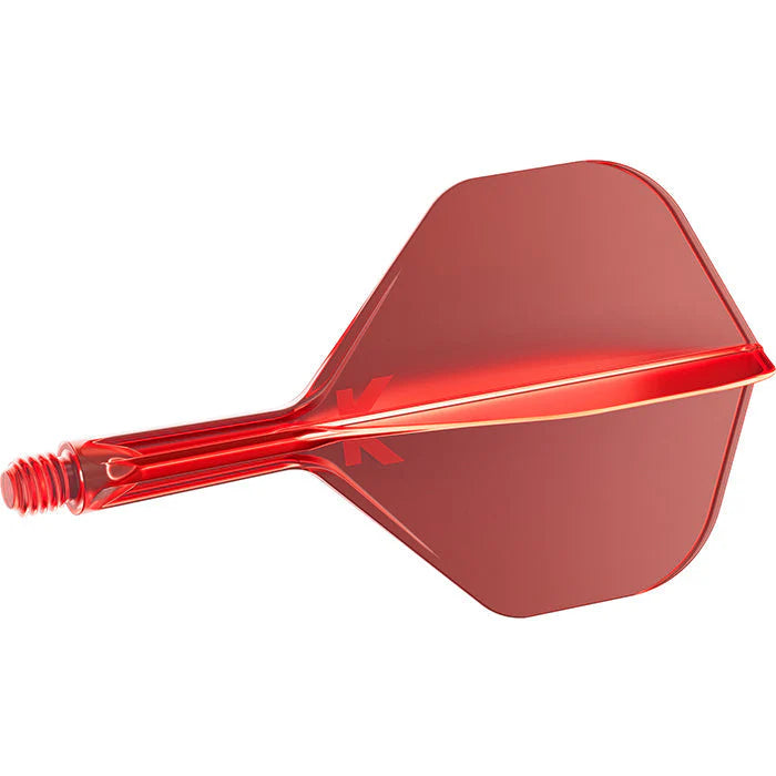 Red integrated dart flight and shaft system full view, isolated on white background, highlighting molded threads and aerodynamic fins