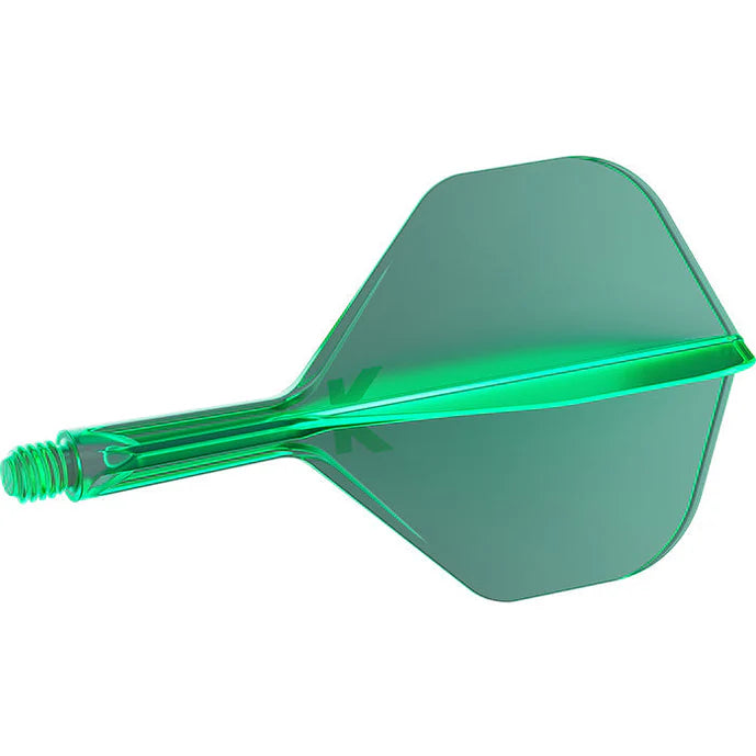 Angled full view of green integrated dart flight and shaft, isolated on white background, showing precision molding and threaded base