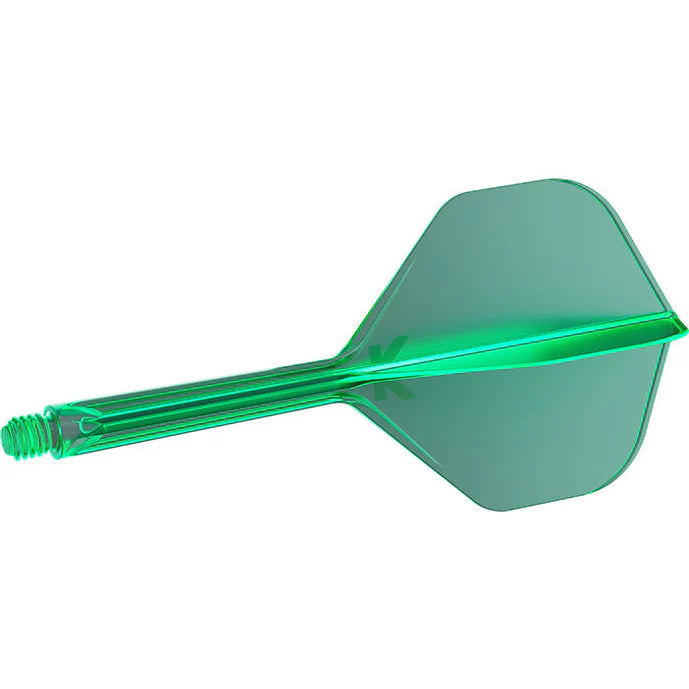 Green integrated dart flight and shaft No.2 full view, isolated on white, highlighting molded tail and threaded shaft for precise fit
