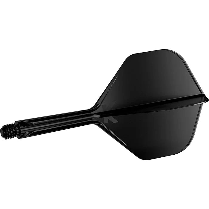 Black integrated dart flight and shaft system full view, isolated on white background, highlighting threaded base and aerodynamic flight