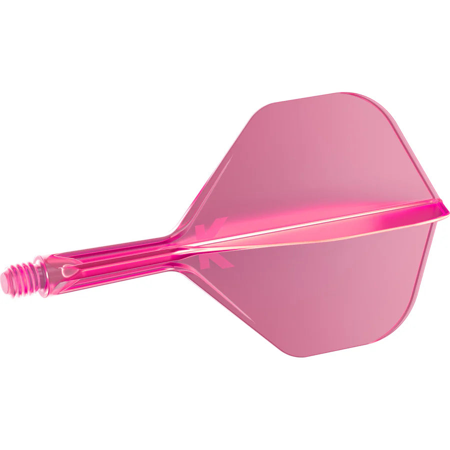 Pink K-Flex No.2 integrated dart flight and shaft system side view, precision molded, isolated on white background