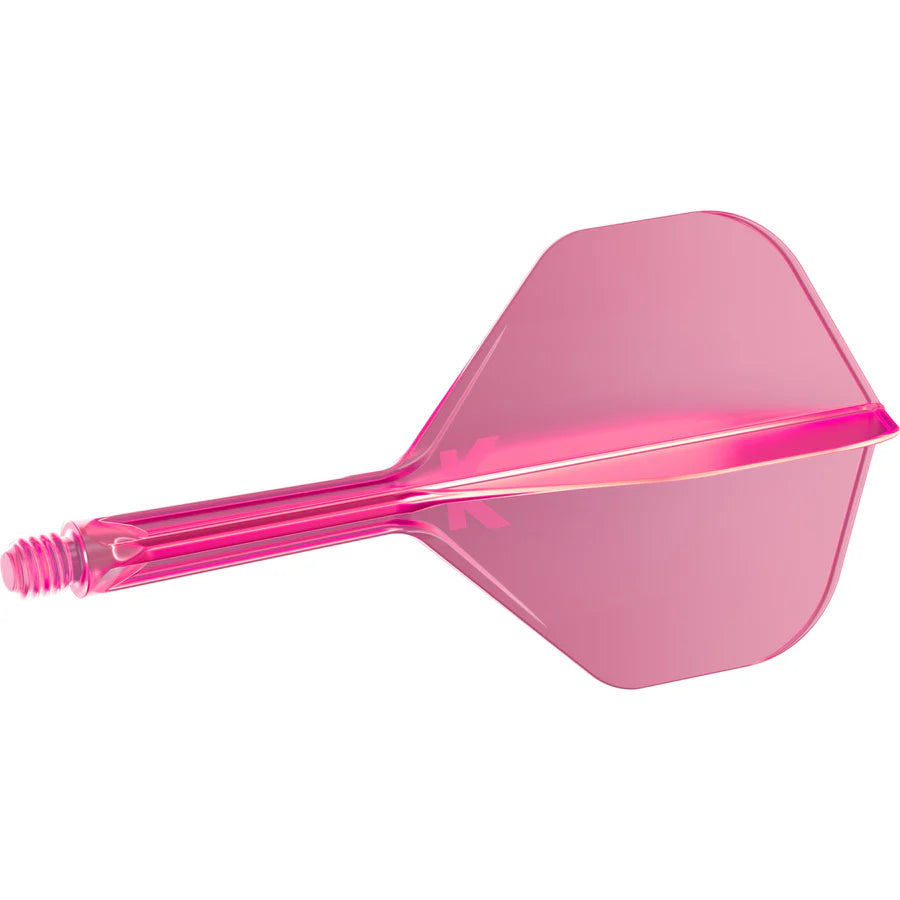 Pink dart integrated flight and shaft No.2, full side view, isolated on white, shows molded threads and seamless flight connection