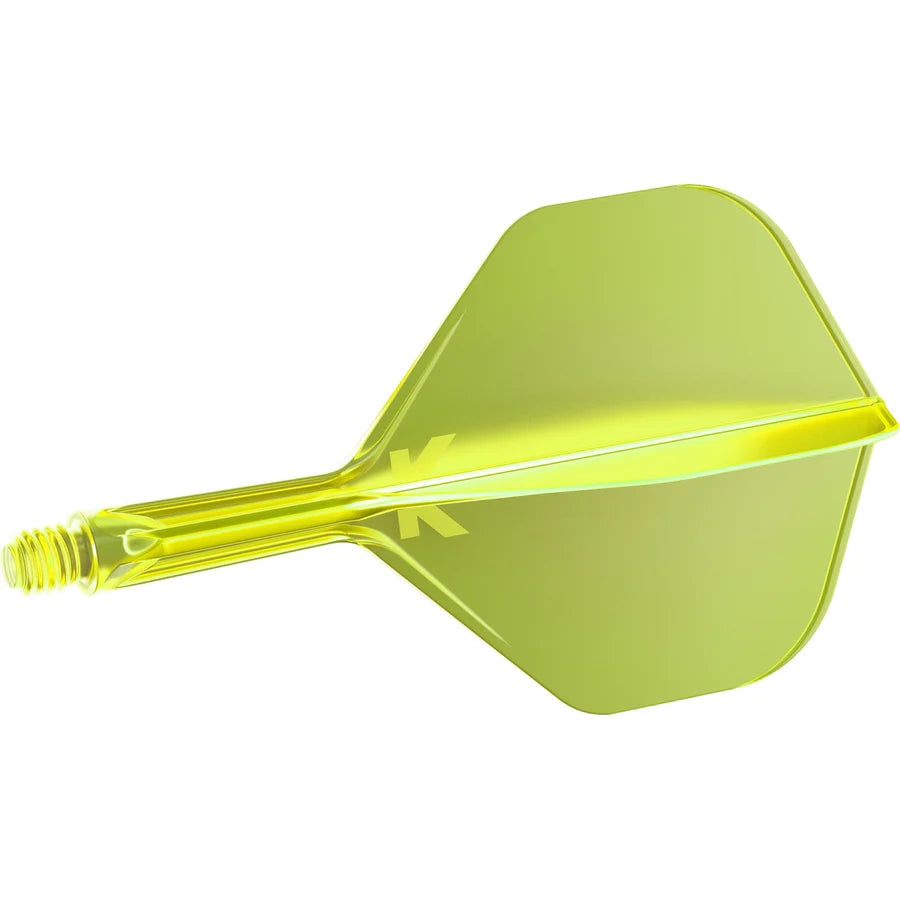 Integrated yellow dart flight and shaft system, angled full view, molded design with threaded base, isolated on white background