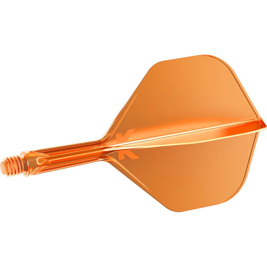 Orange integrated dart flight and shaft system side view, standard shape, isolated on white background