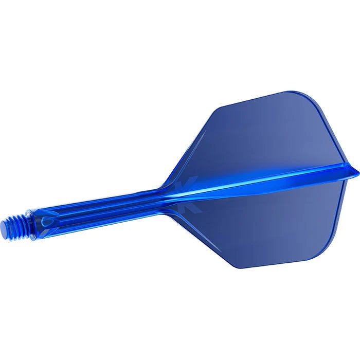 Blue integrated dart flight and shaft No.6 size displayed side view on white background, highlights precision molded construction