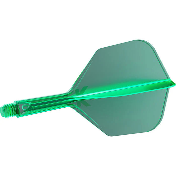 Green integrated dart flight and shaft system side view, translucent design, full product isolated on white background