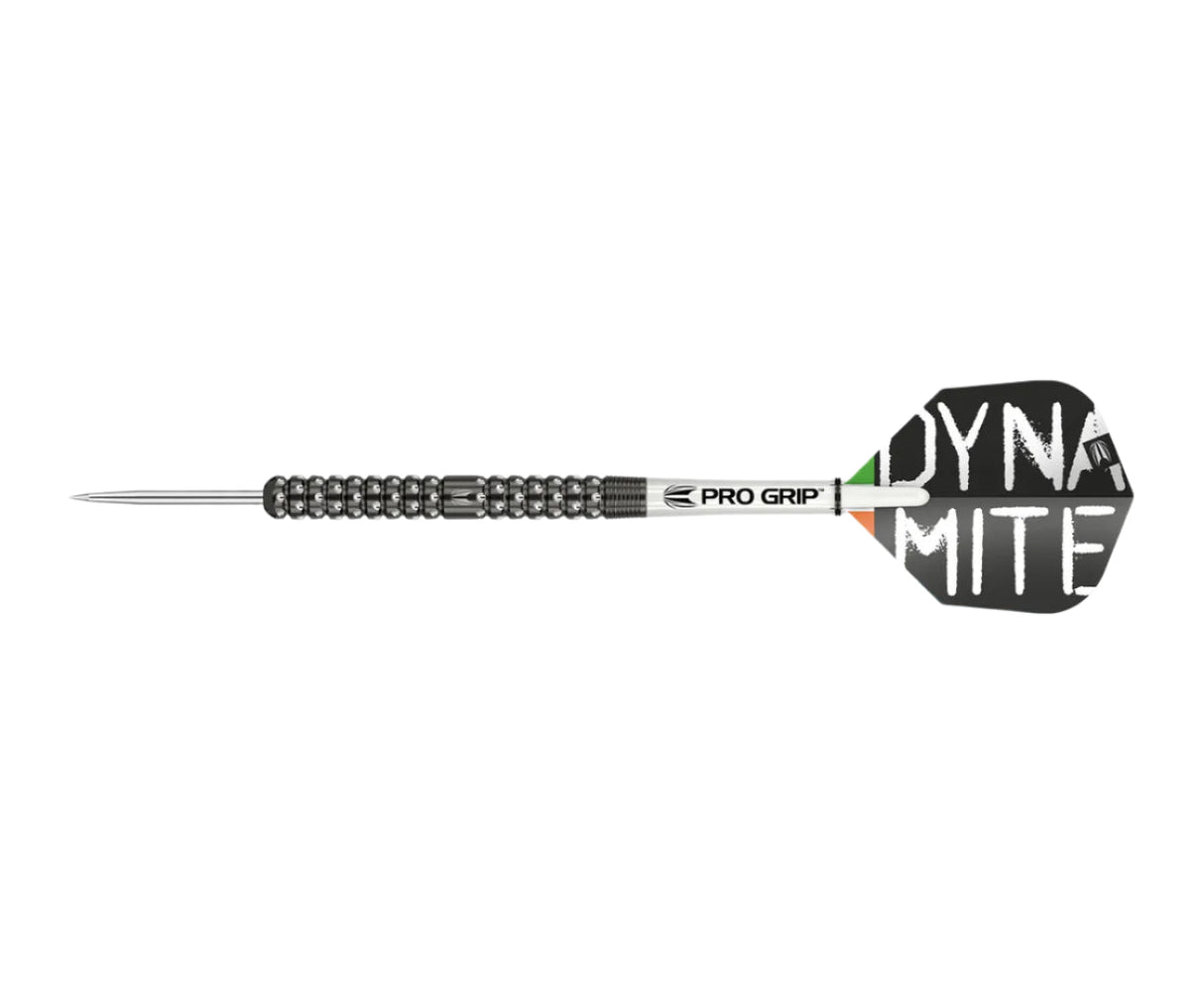 Full view tungsten dart on white background showing knurled grip barrel, Pro Grip shaft, and black 'DYNAMITE' flight