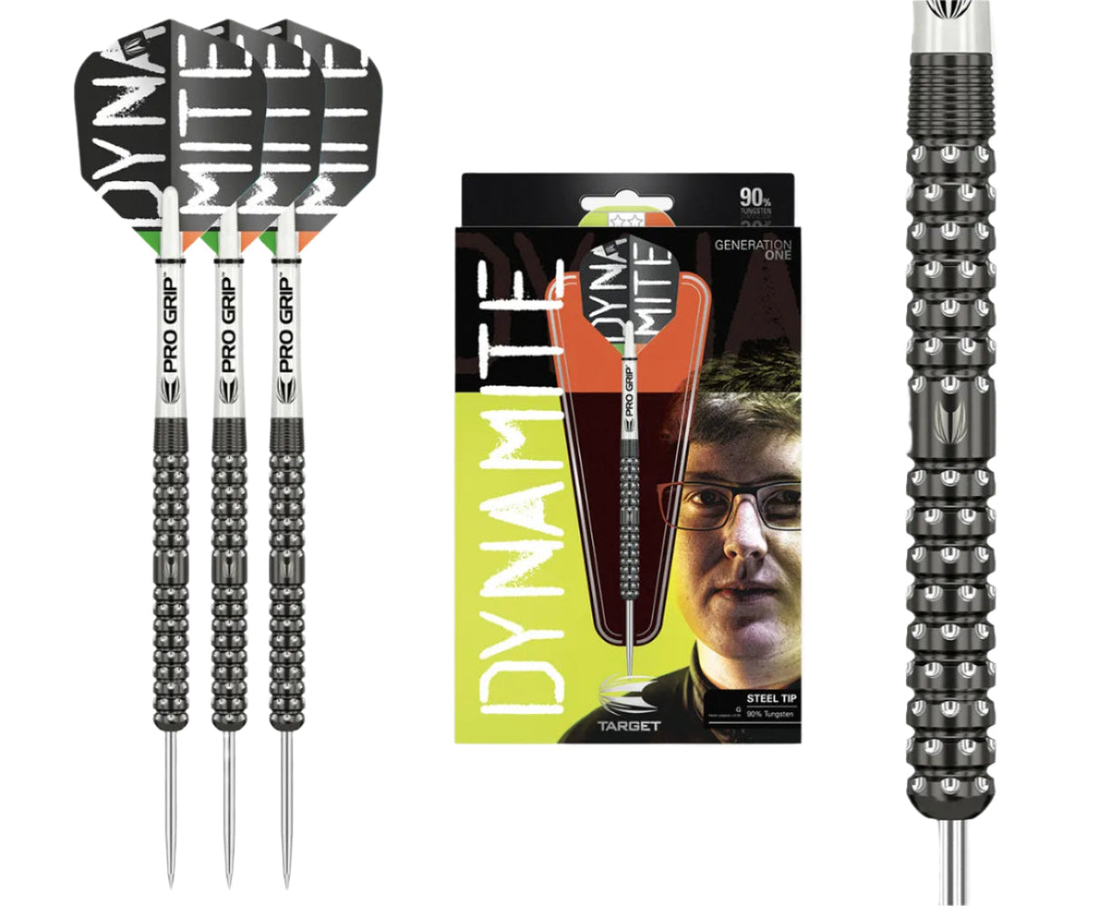 Three 90 percent tungsten darts with black knurled grips, pro grip shafts, flight design, packaging and macro barrel close-up on white background
