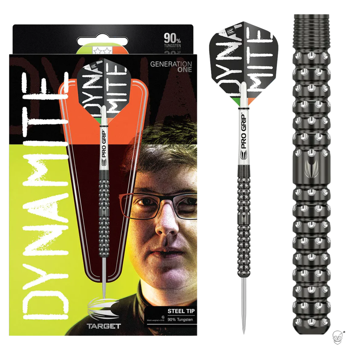 Steel tip 90% tungsten dart with knurled grip, full packaging, and macro barrel detail, ideal for professional dart players
