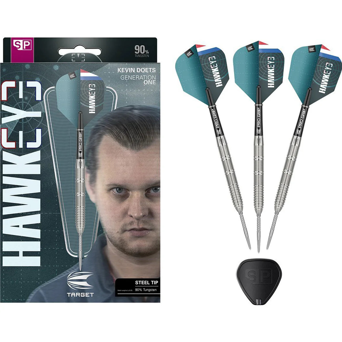 Full view of Kevin Doets 90% tungsten steel tip darts in retail packaging plus three assembled darts with blue Hawkeye flights and extra spare point on white