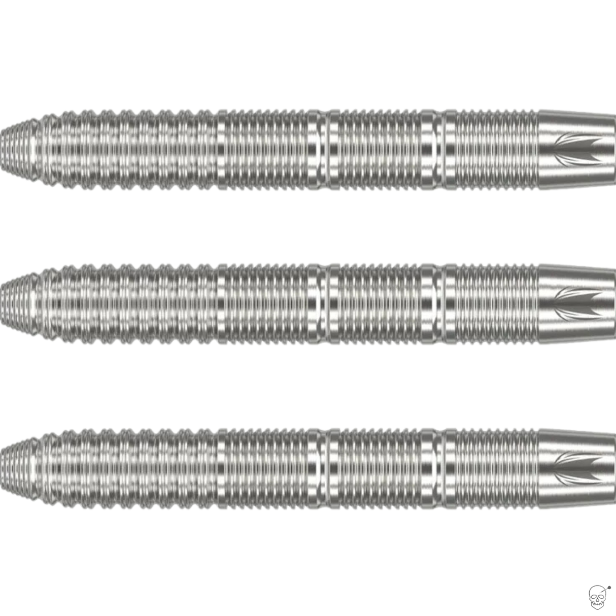 Three 90% tungsten dart barrels displayed side by side on white, highlighting precision ringed grip texture and machined grooves.