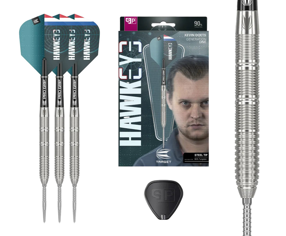 Steel tip tungsten darts set with knurled grip, Pro Grip shafts, Hawkeye flights, retail box, and spare flight, isolated on white