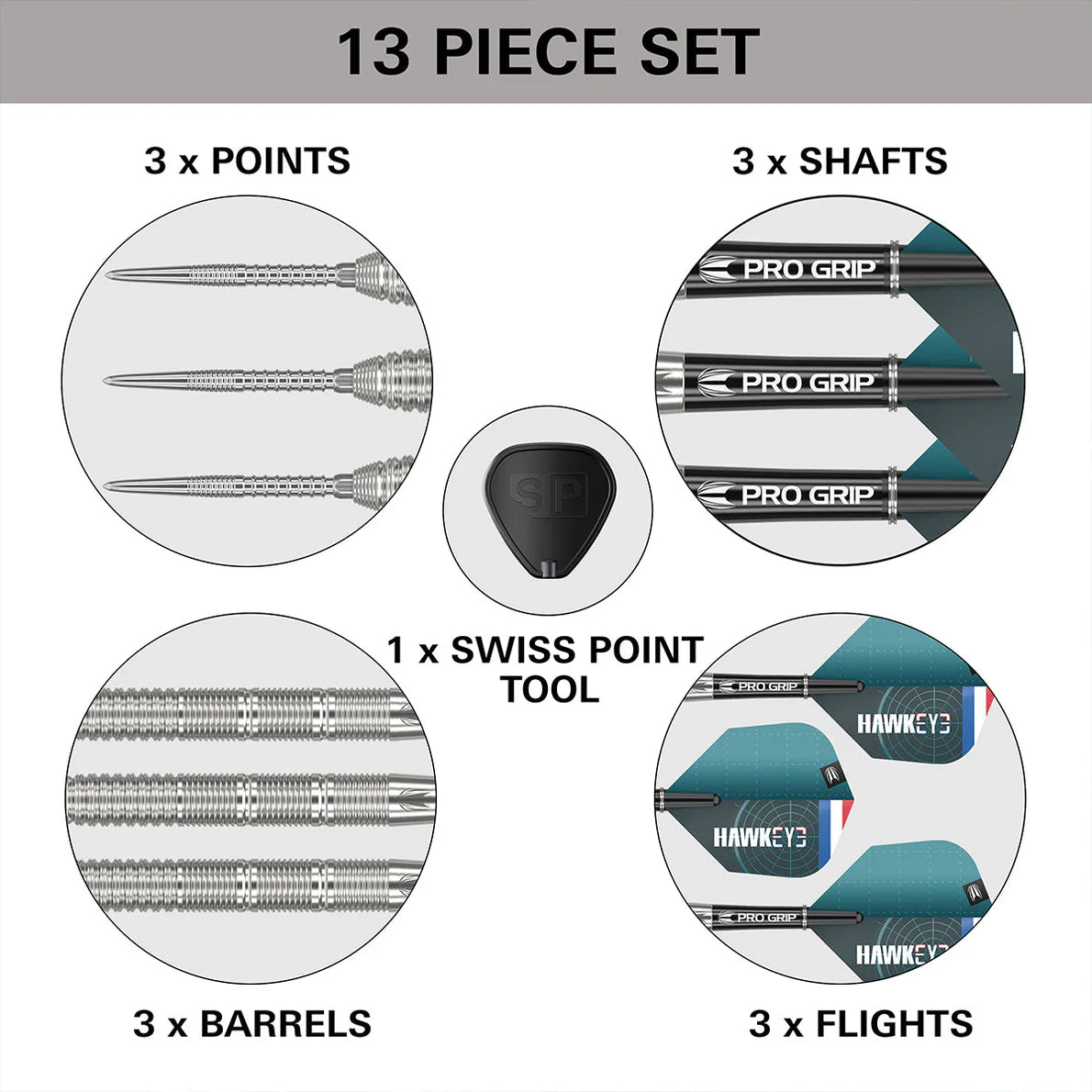 Top-down view of 90 percent tungsten darts set components with separate close-ups of points, barrels, shafts, flights, and Swiss point tool