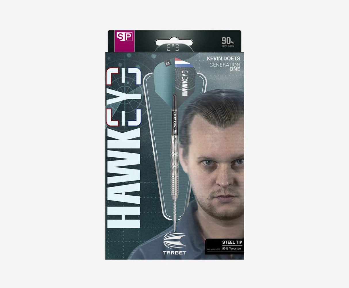 Front view of Kevin Doets 90% tungsten steel tip dart in packaging highlighting barrel grip, flight design, and pro player branding