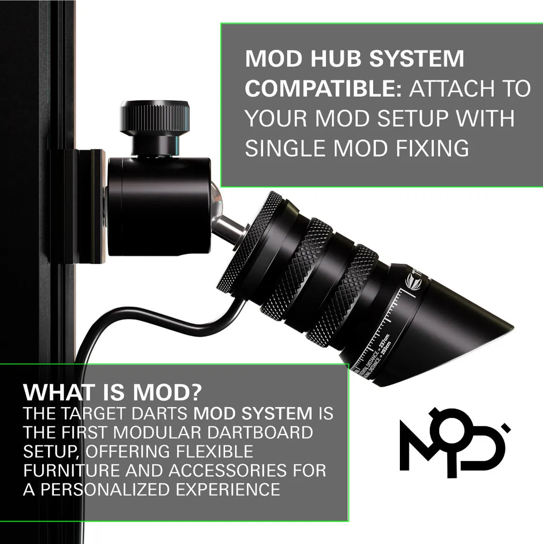 Close-up of Laser Oche dart toe line projector mounted on wall, showing textured adjustment rings and measurement markings