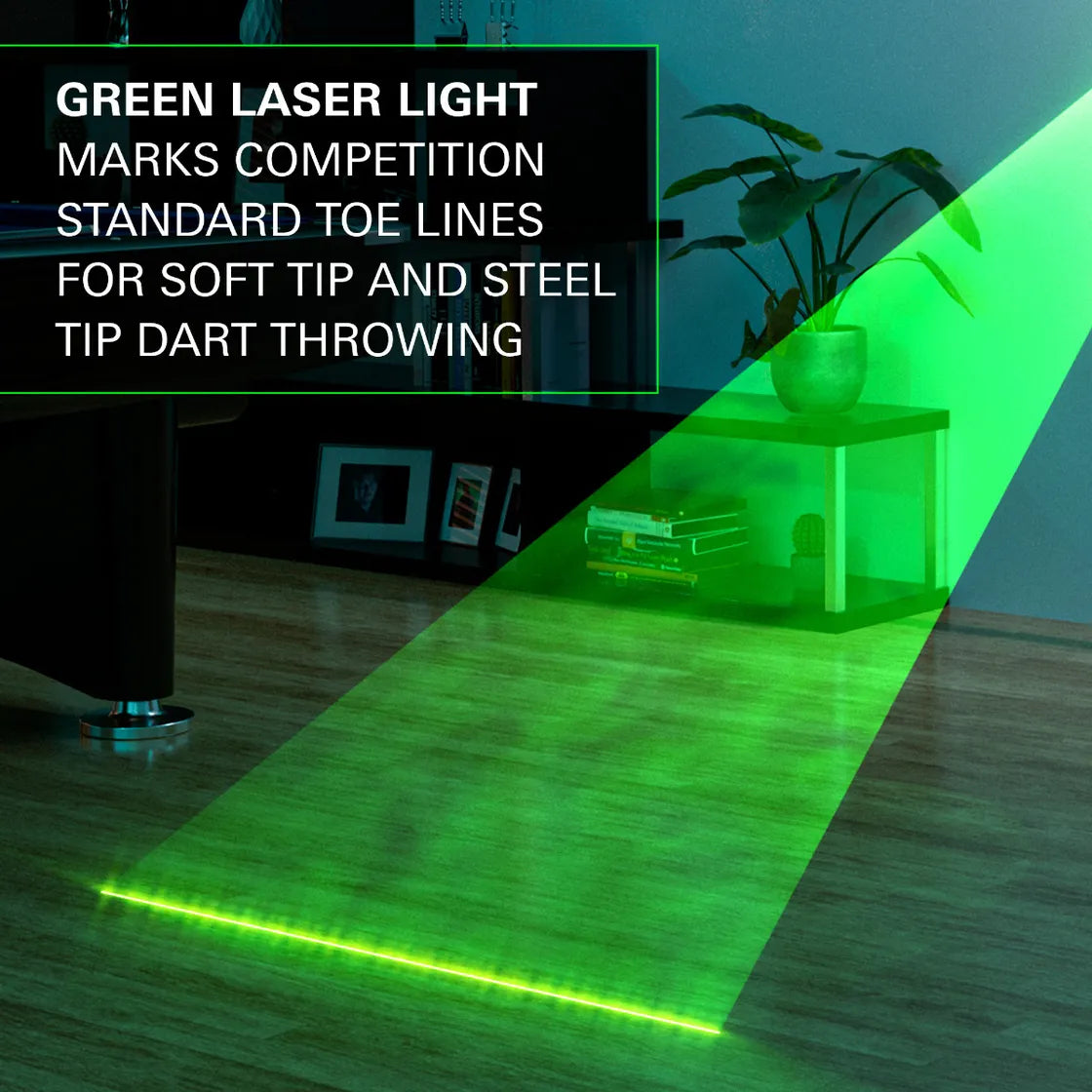 Green laser oche marking standard dart toe line projected on floor in game room setup for dartboard accuracy