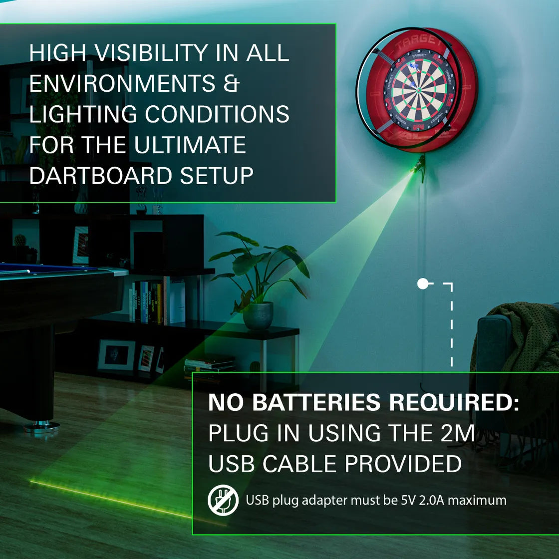 Wall-mounted laser oche projecting green toe line onto floor below dartboard in home dart setup, plugged in with USB cable, high visibility
