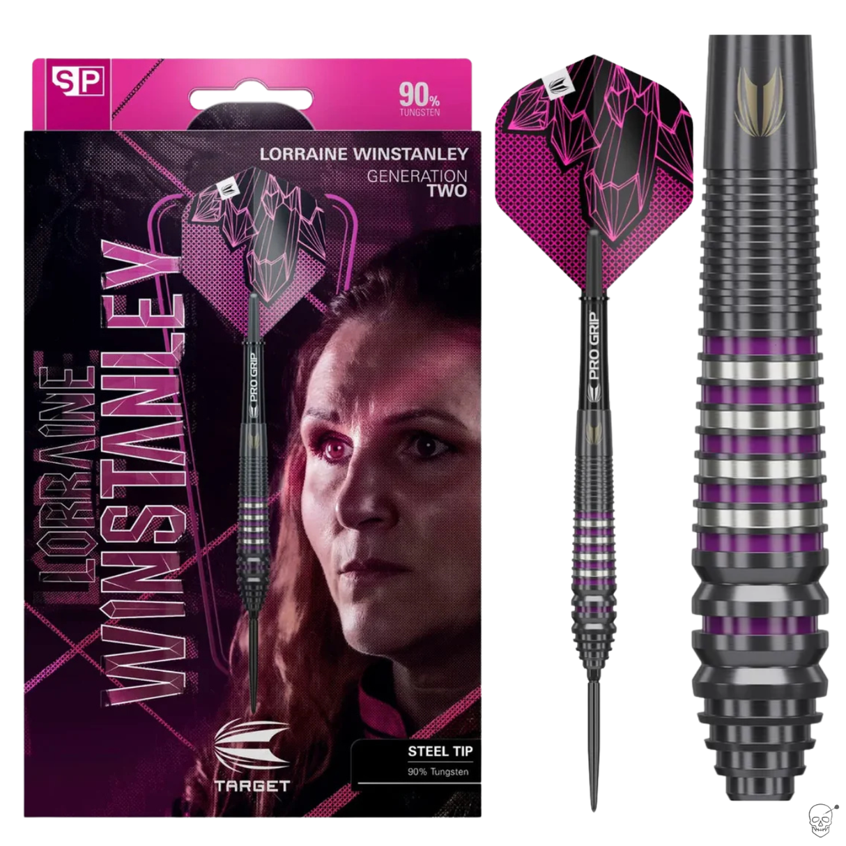 Steel tip dart in retail packaging with close-up on 90% tungsten barrel and purple ringed grip, ideal for pro dart players