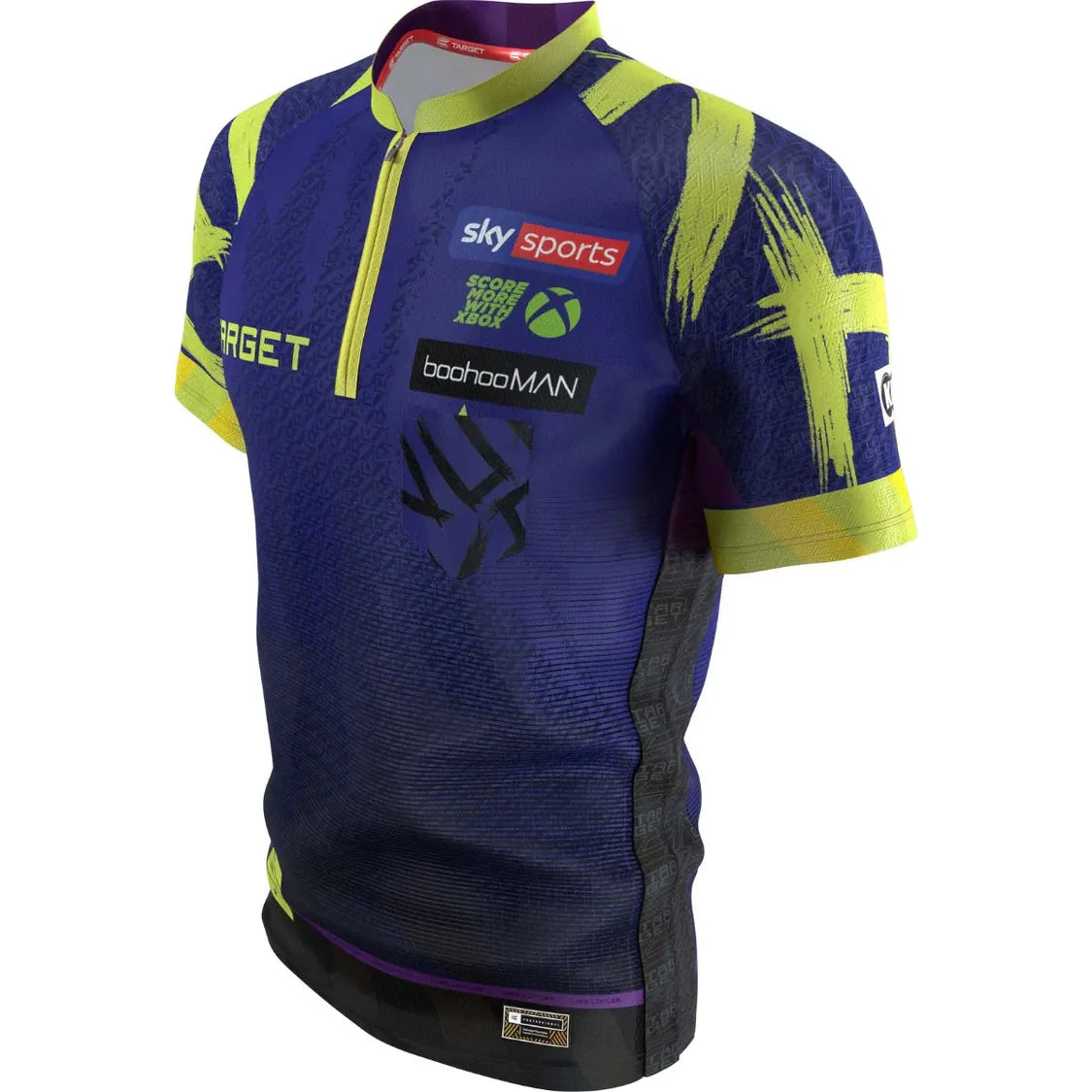 Angled view of Luke Littler 2026 darts shirt on mannequin showing sponsor logos, zip collar, and yellow brushstroke design