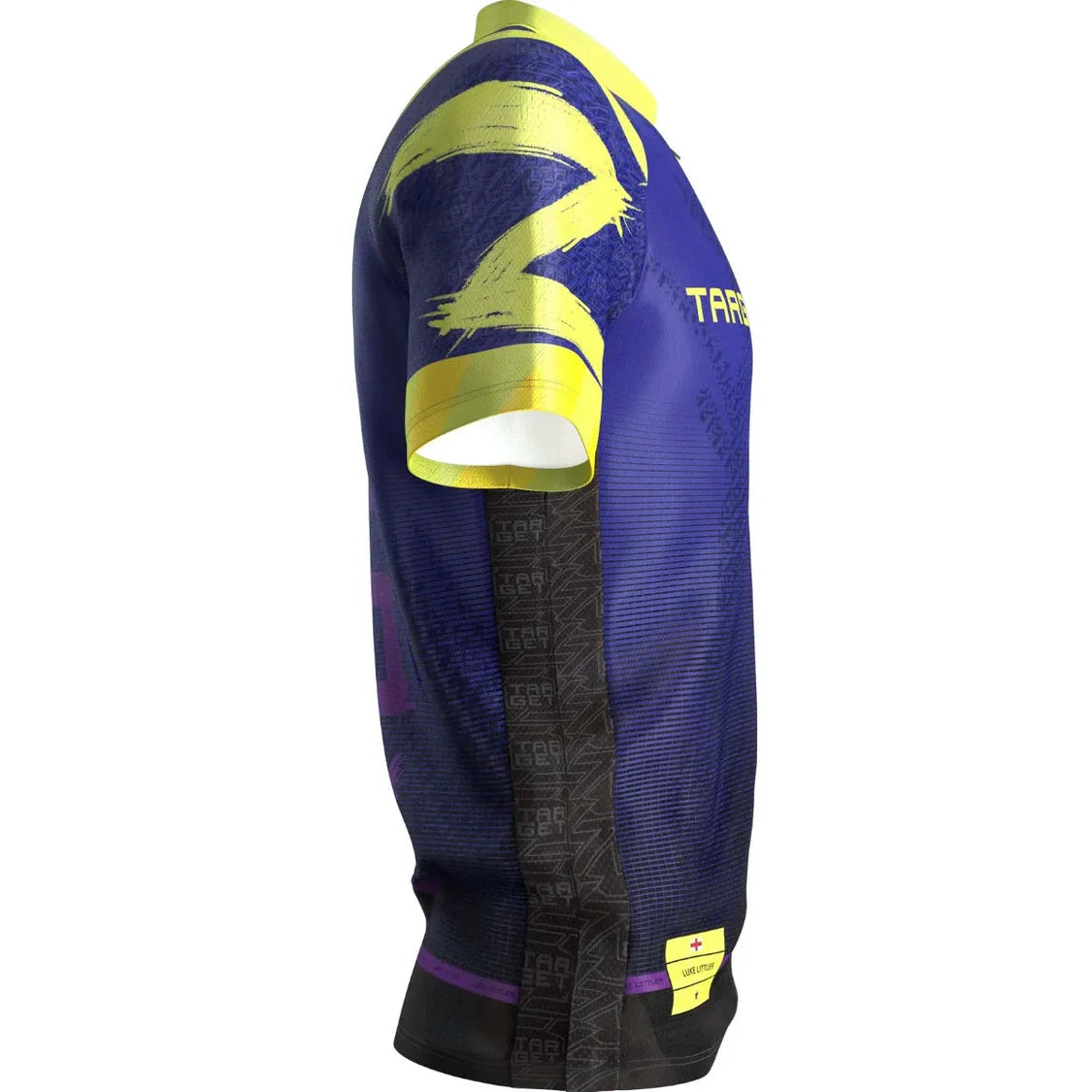 Angled side view showing Luke Littler 2026 darts shirt with bold yellow sleeve graphic, purple and black pattern, and sponsor accents.