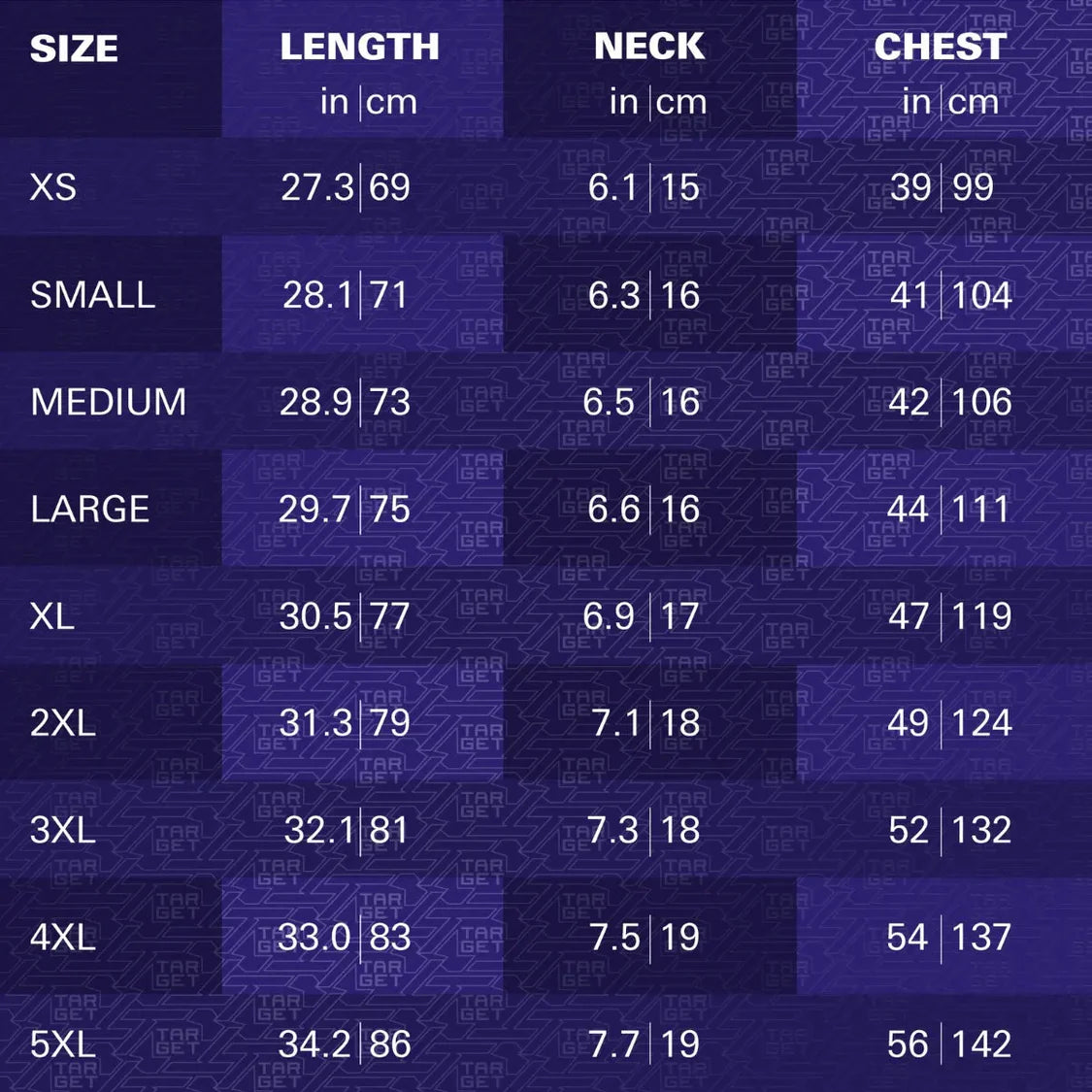 Darts shirt size chart with measurements in inches and centimeters for length, neck, and chest across XS to 5XL