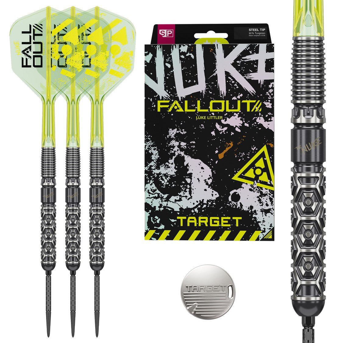 Target Luke Littler Fallout darts set of three with retail packaging and barrel close-up