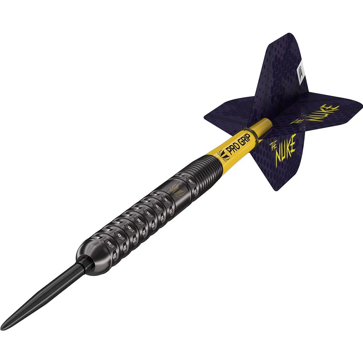 Angled view of Luke Littler G1 90% tungsten dart showing precision-machined grip, yellow Pro Grip shaft, and 'The Nuke' pattern flights