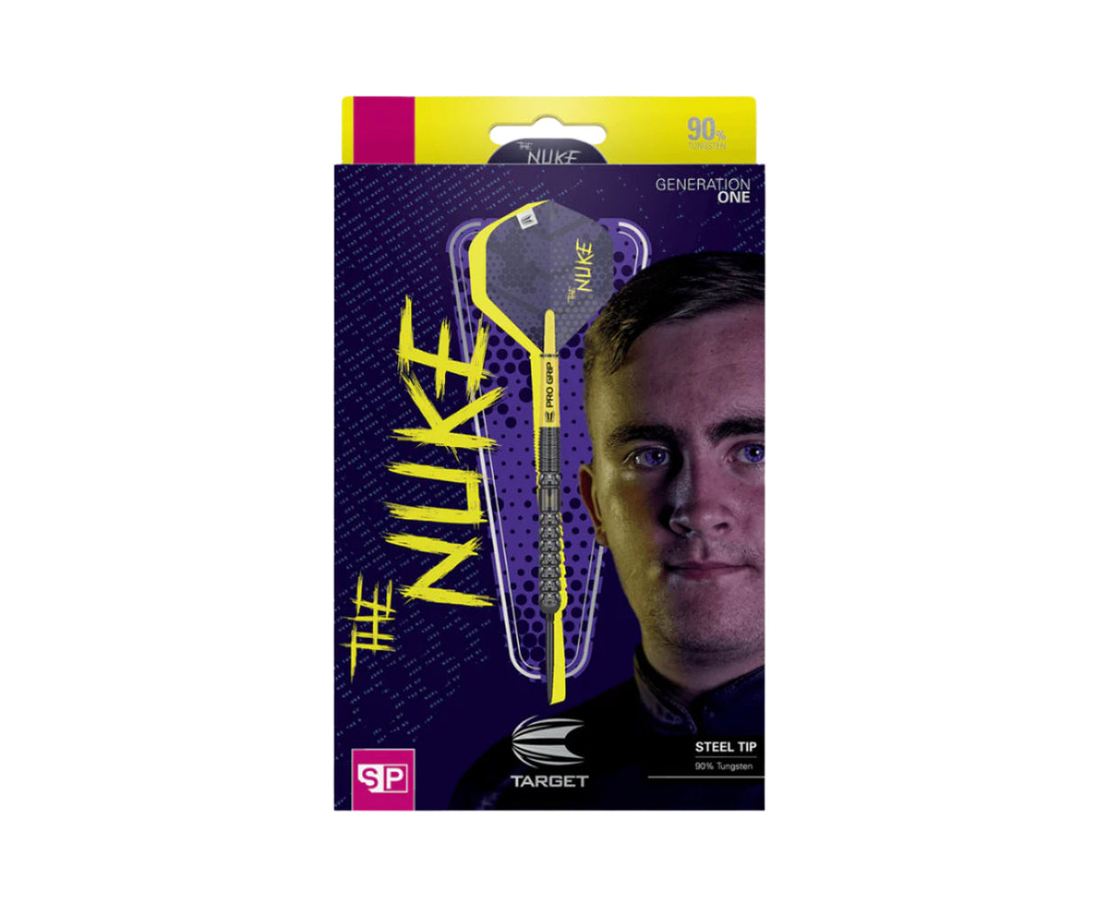 Steel tip tungsten dart in retail packaging, full view with Nuke flight, Pro Grip shaft, and signature player branding.
