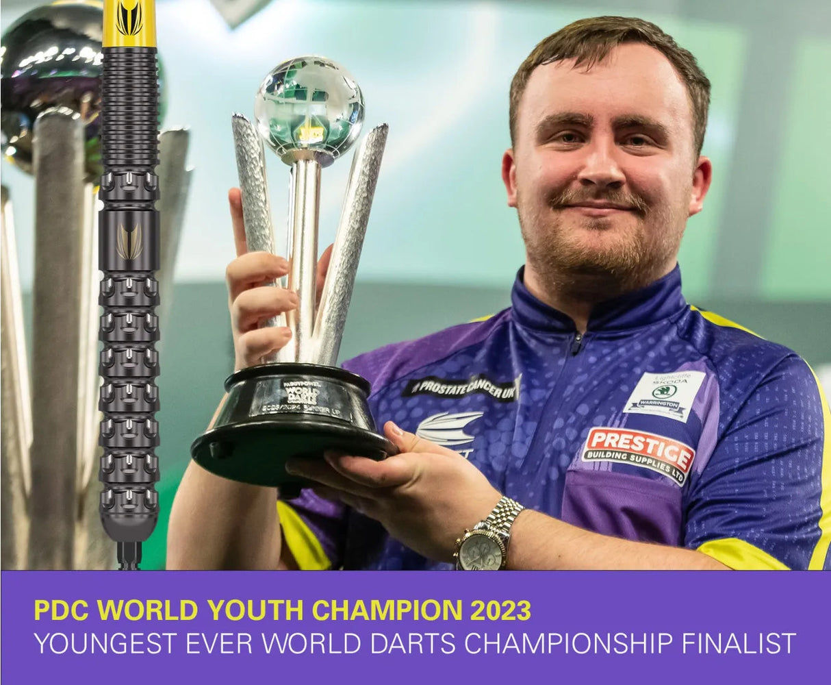 Angled lifestyle shot showing pro darts player with trophy and close-up of 90% tungsten dart barrel with detailed grip texture.