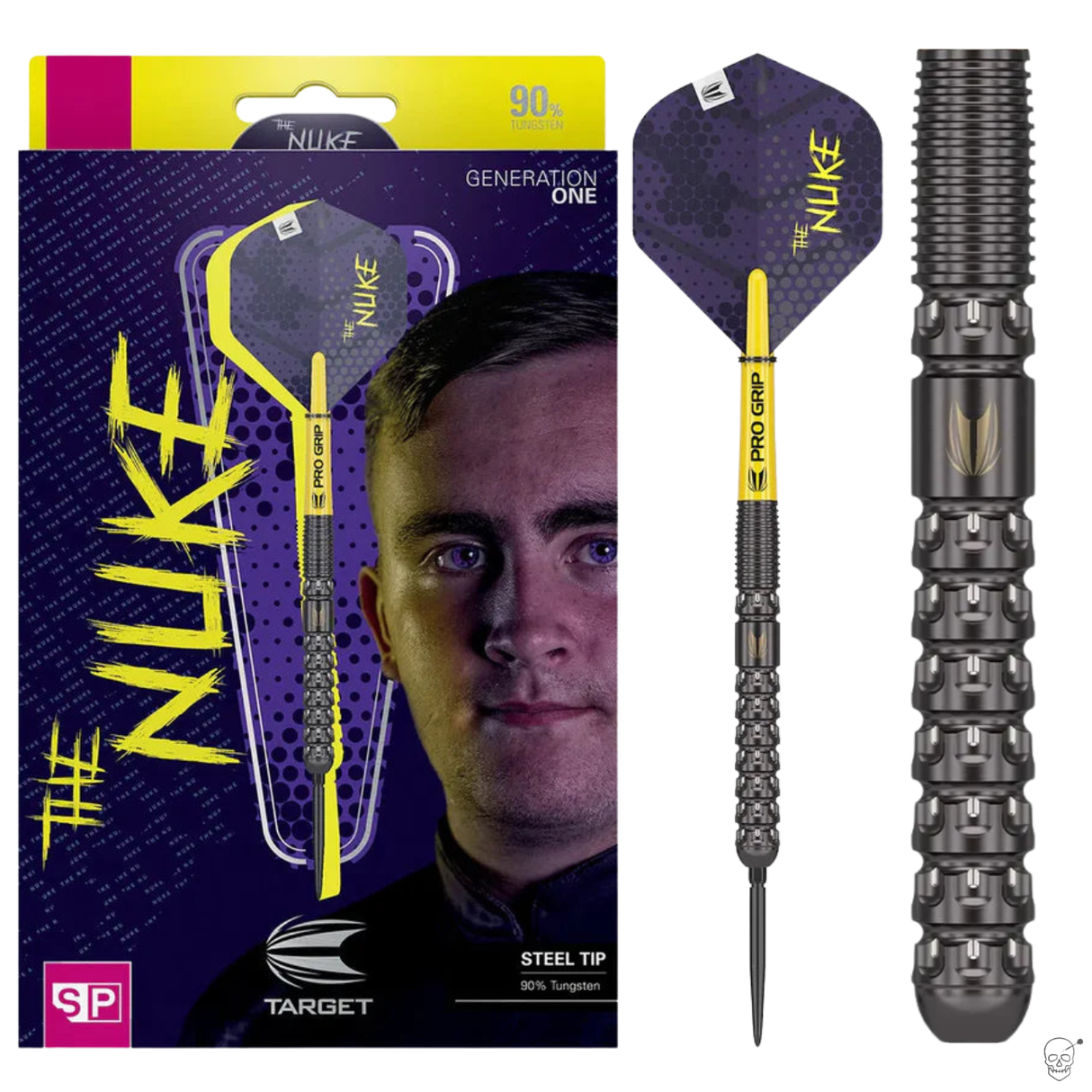 Steel tip tungsten dart displayed in retail packaging with close-up of barrel grip pattern and yellow Pro Grip shaft