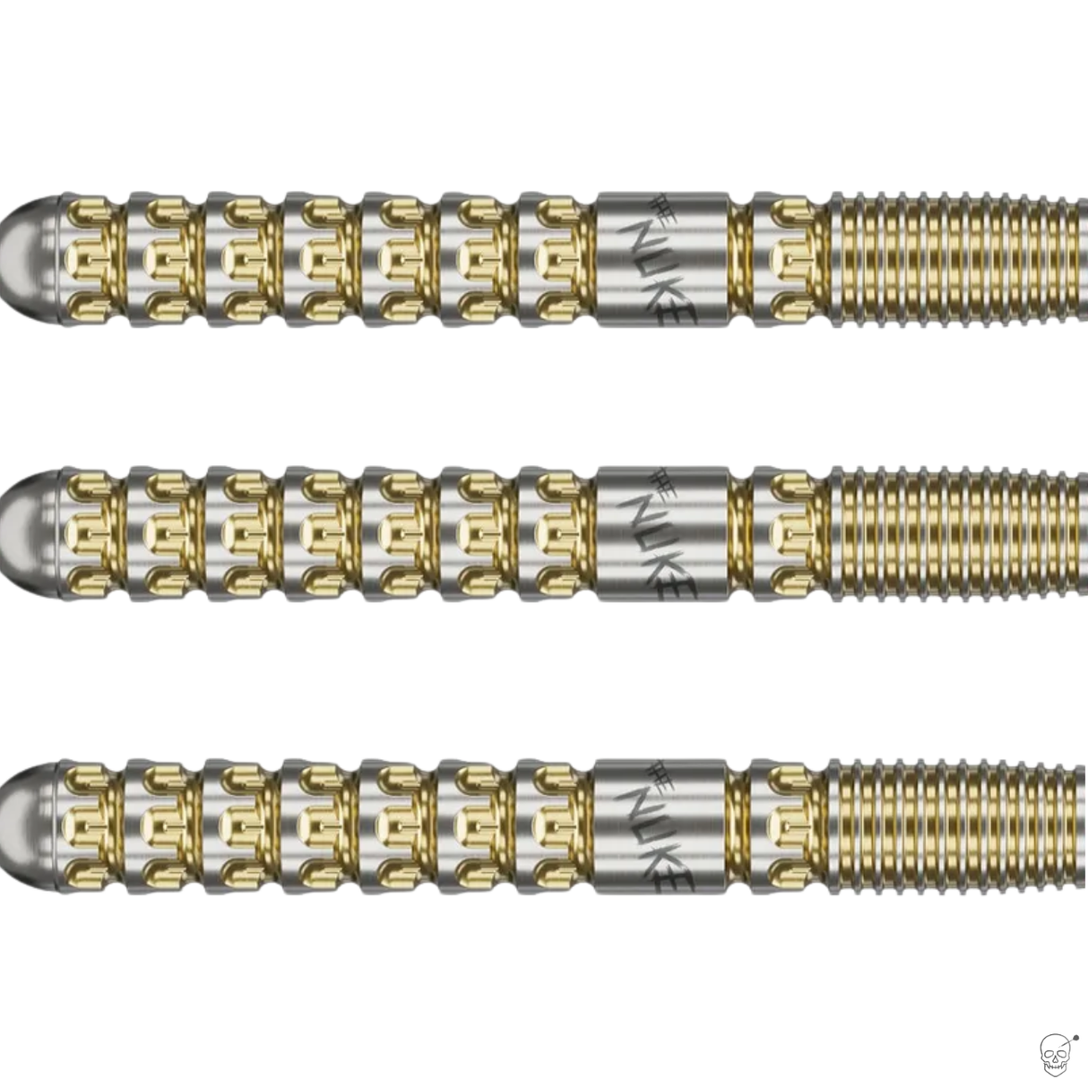 Close-up side view of three 90% tungsten dart barrels with gold ringed grip and laser-etched detailing on white background
