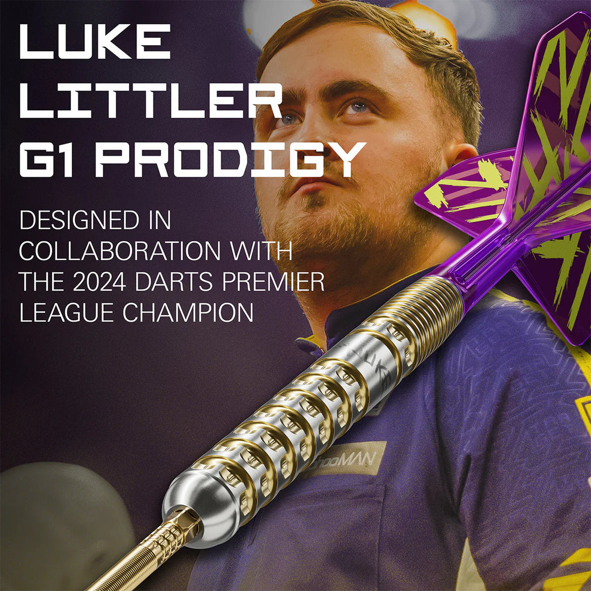 Angled close-up tungsten dart with gold ring grip and purple flight, highlighting barrel details against lifestyle player backdrop