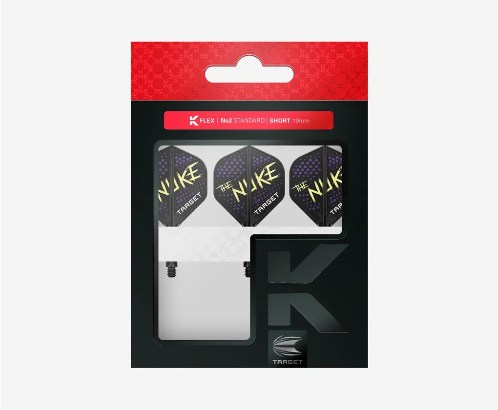 Luke Littler K-Flex No.2 integrated dart flights and shafts in retail packaging, three 'The Nuke' standard flights visible