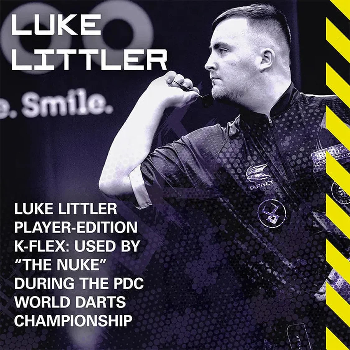 Angled lifestyle shot of player throwing dart, highlighting K-Flex flight and shaft system used in PDC World Darts Championship