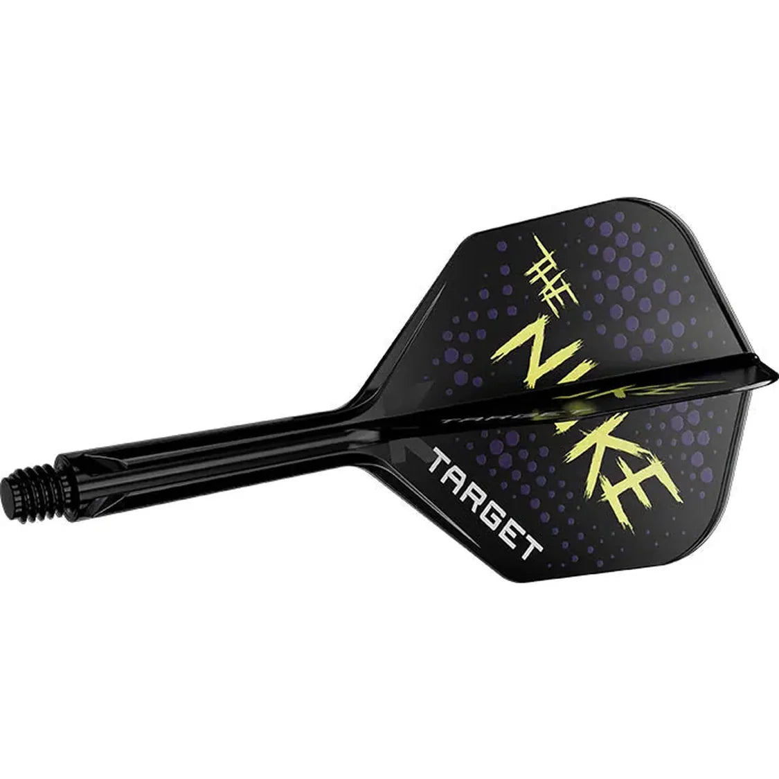 Angled full view of Luke Littler K-Flex No.6 dart flight and shaft with black slim stem and 'The Nuke' text, isolated on white background