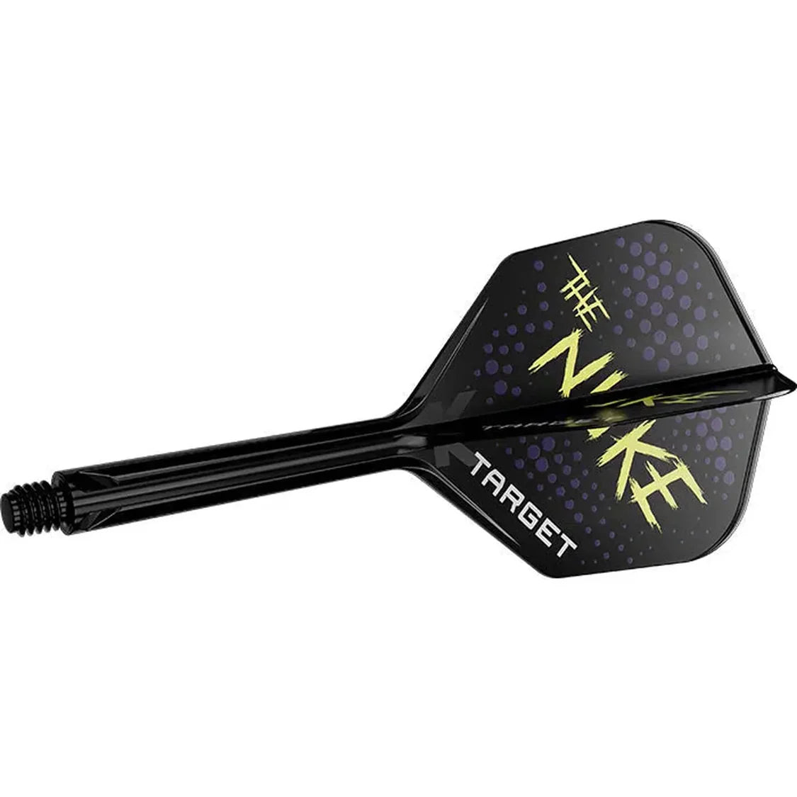 Full view of Luke Littler K-Flex No.6 integrated dart flight and shaft, black with 'Nuke' text, isolated on white background