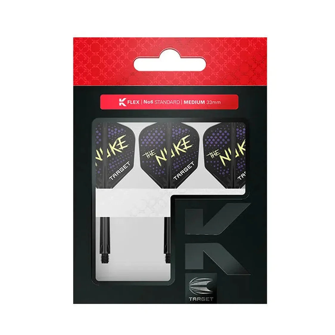 Luke Littler K-Flex No.6 integrated dart flight and shaft set in retail packaging, featuring The Nuke design, three shafts on display