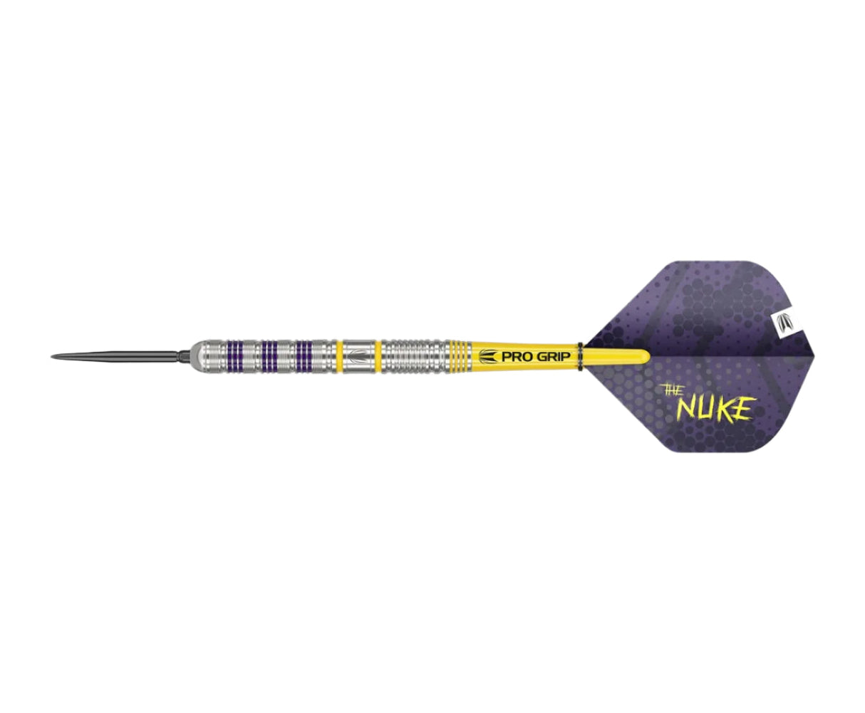 Steel tip dart with precision ringed tungsten barrel, purple and yellow accents, yellow Pro Grip shaft, and The Nuke flight on white background