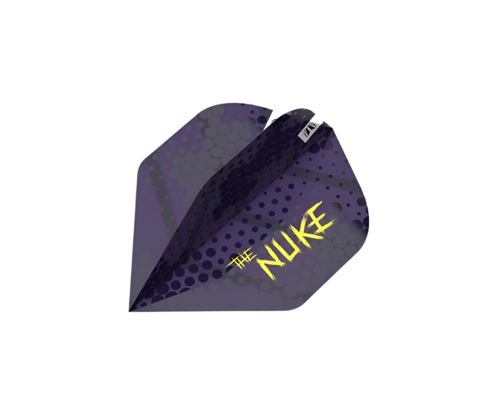 Angled close-up of Luke Littler Pro Ultra No.2 dart flight with purple hex pattern and yellow 'The Nuke' text, isolated on white
