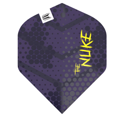 Purple No.2 dart flight with bold yellow The Nuke lettering, honeycomb pattern, isolated on white background