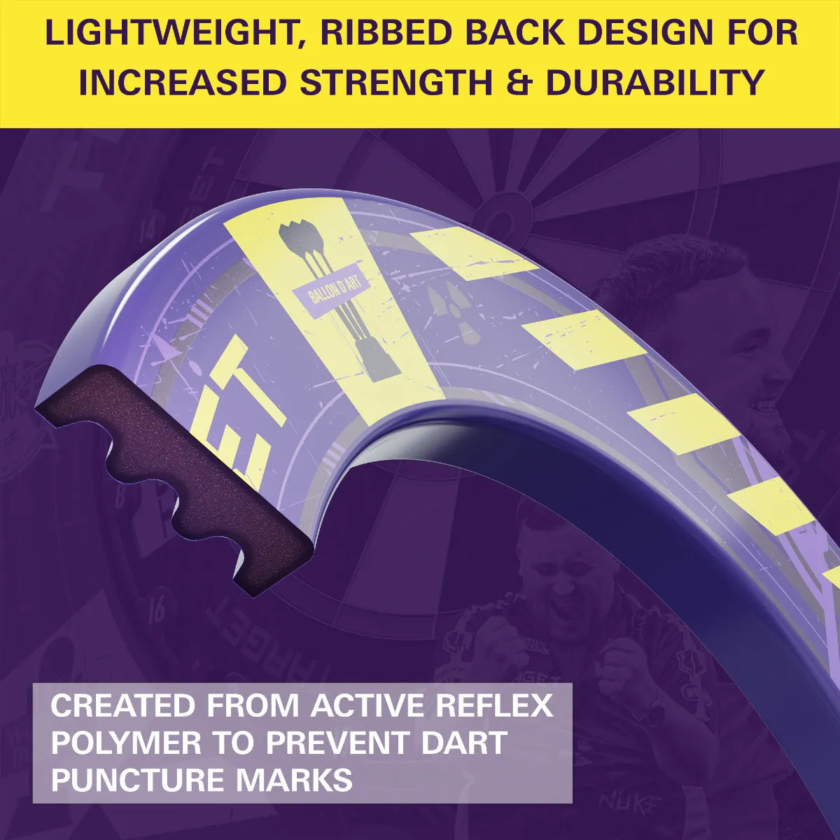 Close-up of dartboard surround ribbed back, reflex polymer prevents dart punctures, durable and lightweight darts accessory