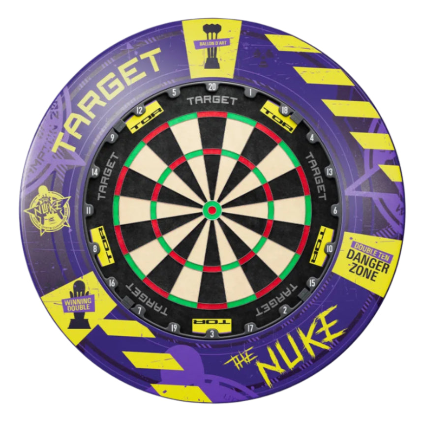 Full view of Luke Littler WC dartboard with branded surround, top-down, showing scoring zones and exclusive 'The Nuke' design
