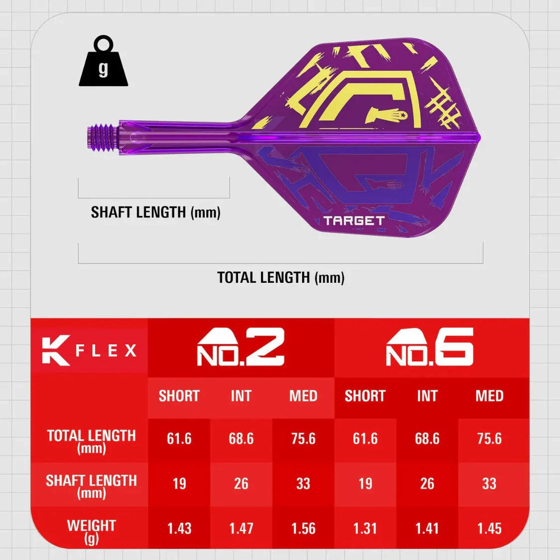 Angled close-up of Luke Littler World Champion K-Flex No. 6 dart flight and shaft with measurements and weight chart for No.2 and No.6 sizes