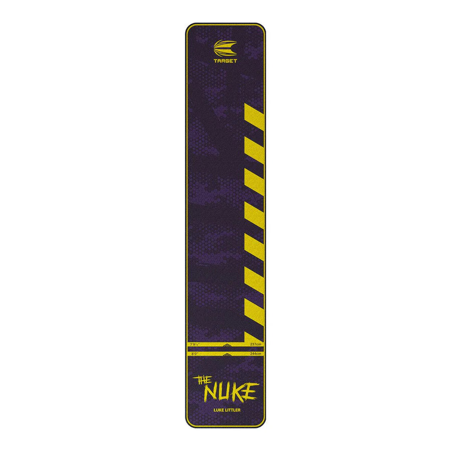 Full view of Luke The Nuke dart mat with yellow hazard stripes, throw line markings, and purple background on white