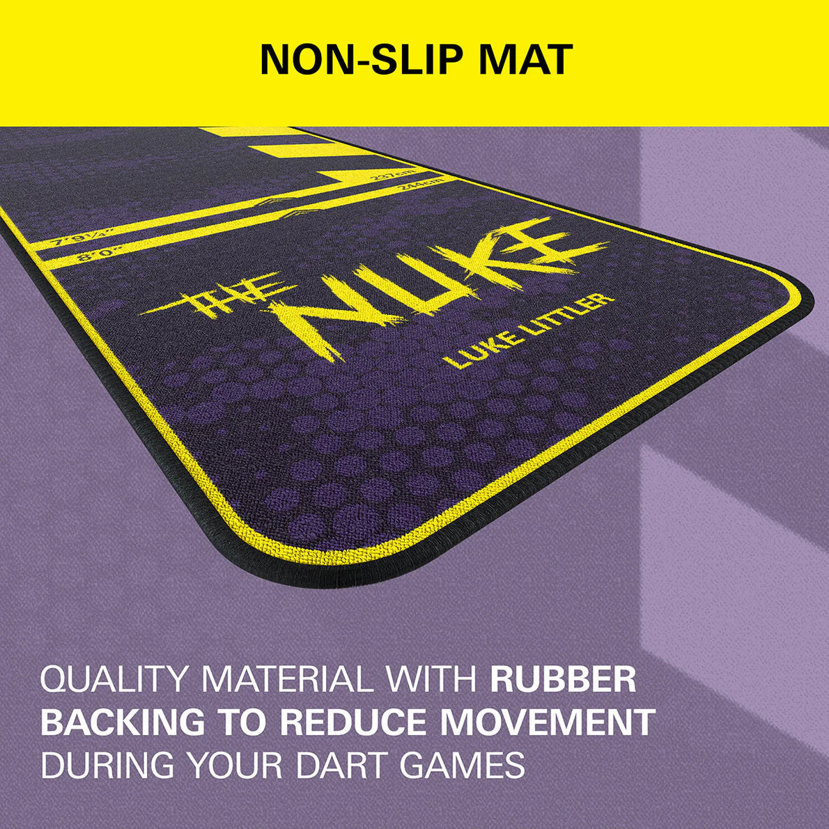 Angled view of Luke The Nuke dart mat showing non-slip rubber backing, bold yellow branding, and textured surface for dart games.
