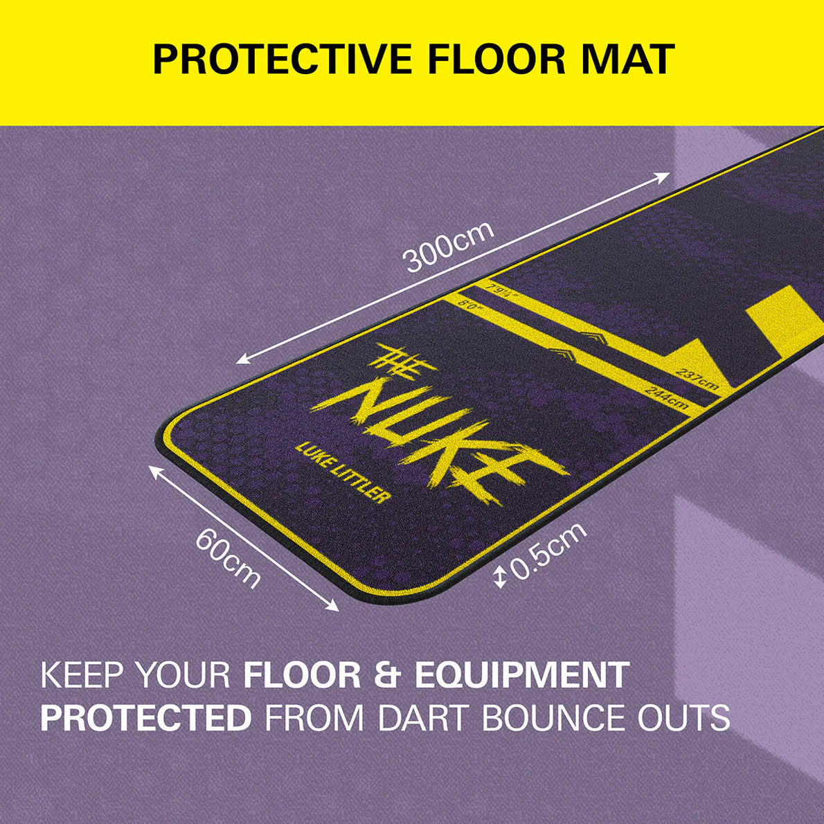 Angled view of Luke The Nuke dart mat with dimensions 300x60cm, showing protective design for floor against dart bounce outs.