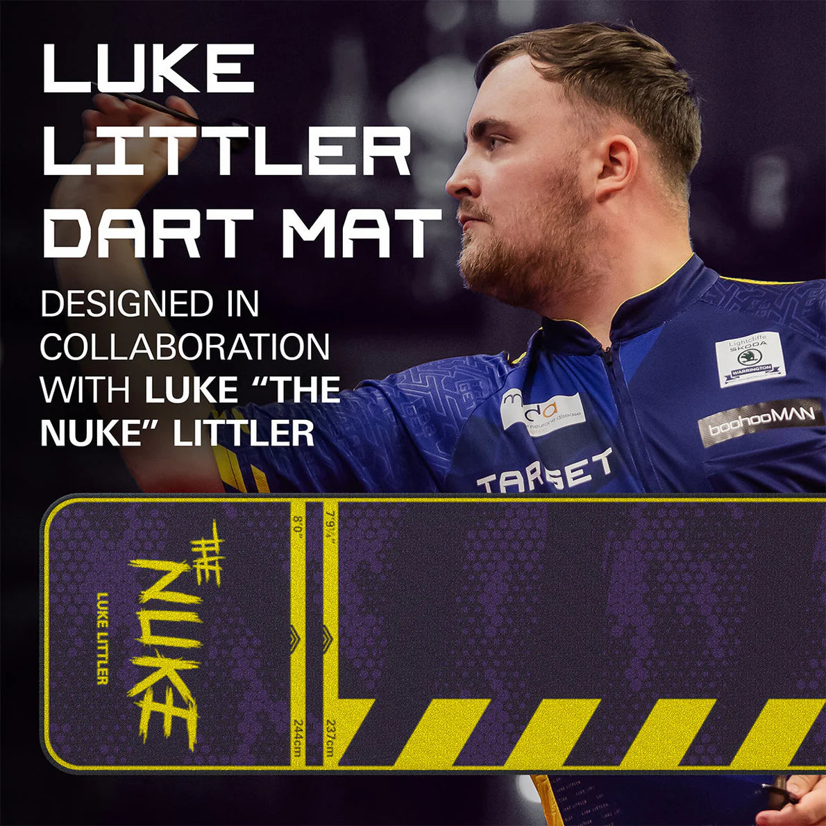 Dart mat with bold yellow accents shown in use, features throw line measurements and Luke Littler branding for competitive darts