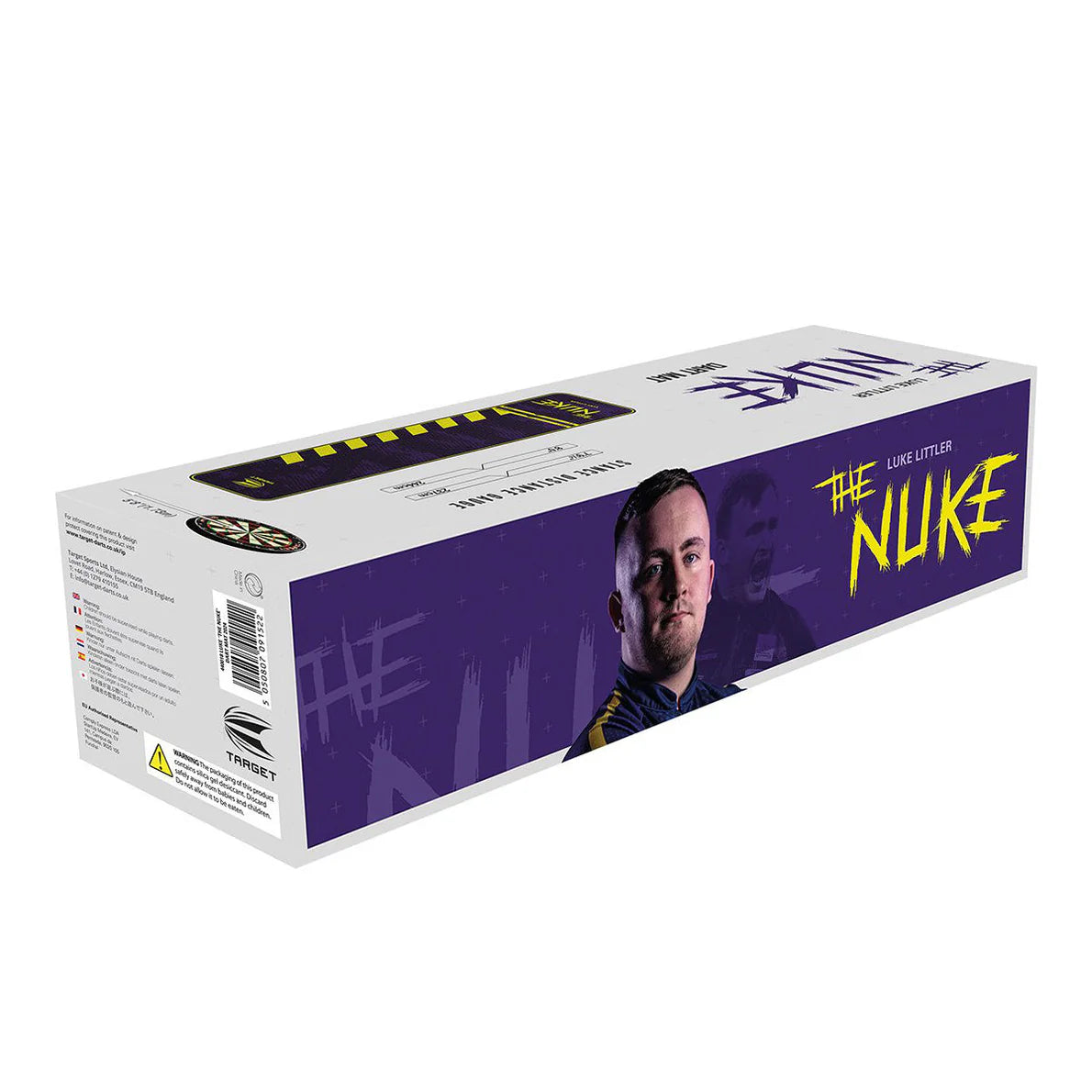 Angled boxed view of Luke The Nuke Dart Mat with purple artwork and scale graphic, ideal for darts setup buyers