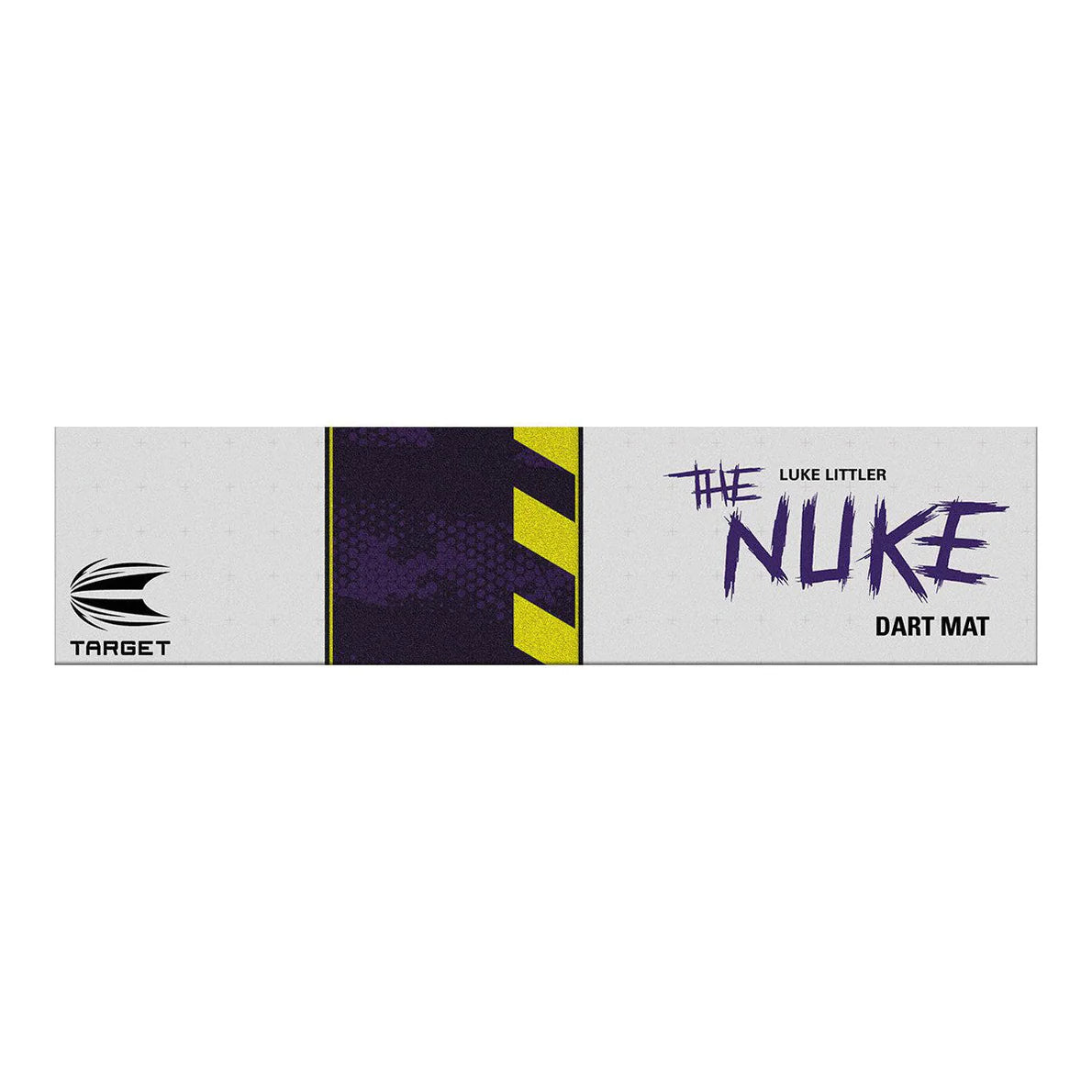 Top-down full view of Luke Littler 'The Nuke' dart mat with bold purple and yellow stripe design, isolated on white background